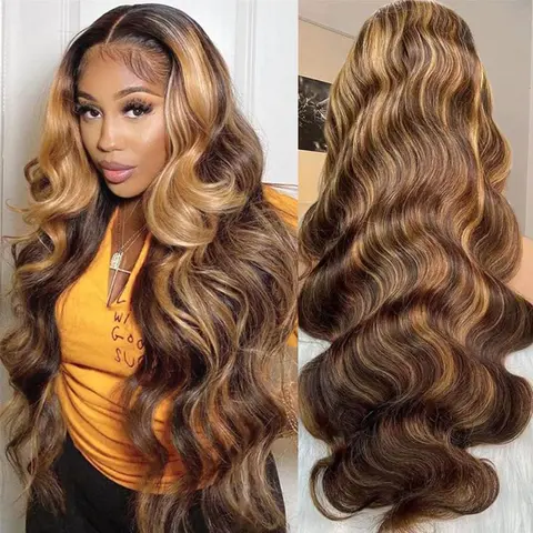 BABOSHOW P4/27 Highlight 180% Density Body Wave Lace Front Wig Human Hair 13x6 HD Transparent Lace Front Wigs Pre Cut Pre Plucked Straight Wig 4# Light Brown Colored Wig Human Hair Wigs For Women Can be Dyed & Restyle
