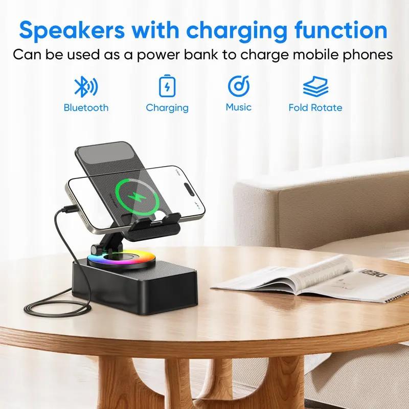 5 in 1 Multipurpose Portable Speaker - Bluetooth 5.0 Wireless Audio System, Foldable Stand, Emergency Charging, 5.3FM HD Bassup, Call Answering, Rechargeable, Non-Slip Silicone Base Grips Phones, 15*10*6 cm, Compatible with iPhone & Android