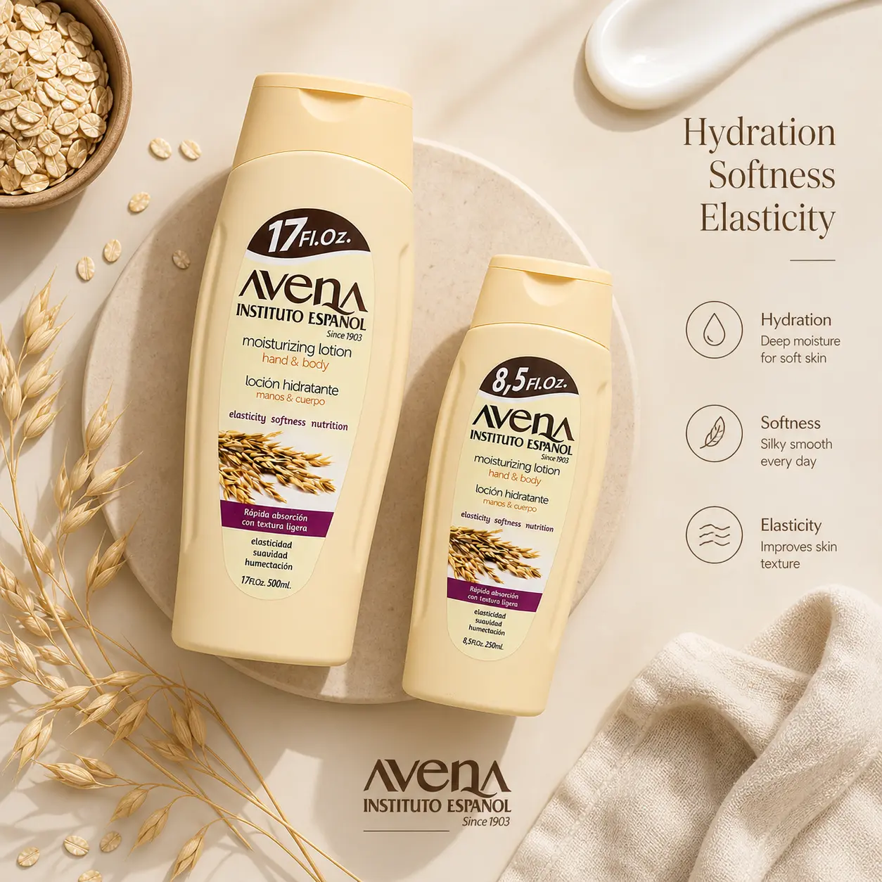 Instituto Español Avena Moisturizing Lotion - Hydrating Body & Hand Lotion with Oat Extract, Fast Absorption for Soft Smooth Skin, 17 fl oz & 8.5 fl oz, Lightweight Daily Moisturizer