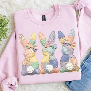 FAUX Patchwork Bunnies Easter Sweatshirt, Pastel Quilted Spring Bunny Pullover