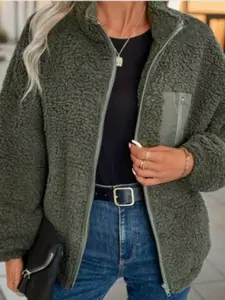 Casual Long Sleeve Loose Sheepskin Velvet Zipper Stand Collar Jacket, Stylish Outerwear for Everyday Wear, Comfortable and Warm Coat for Men and Women, Womenswear