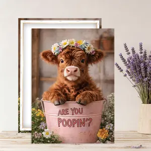 Humorous Highland Cow Bathroom Canvas Print, Solid Wood Frame, Farm Animal Poster, Rustic Toilet Decor, Wall Art for Hallway Home Decoration, Cute Animal Design, Unique Artwork