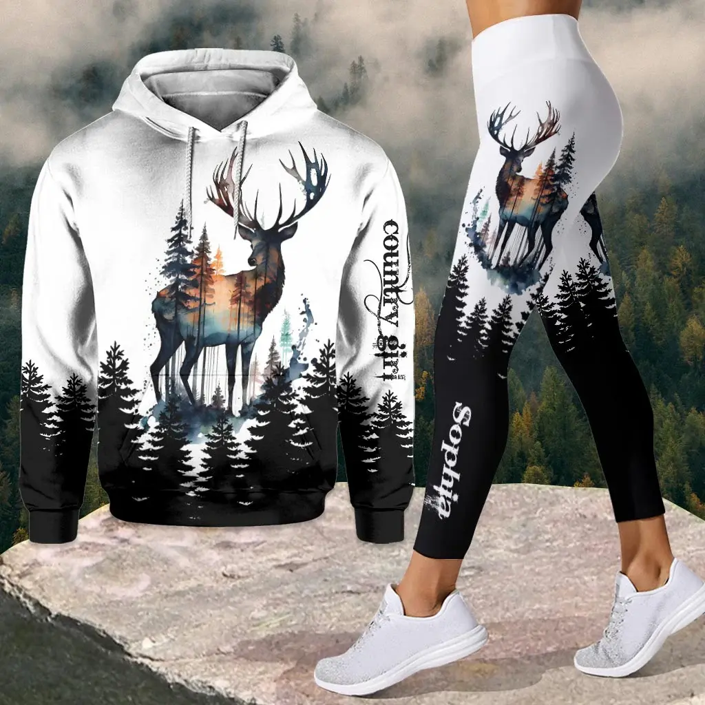 Country Girl Personalized Hunting Hoodie and Leggings Set, Camo Deer Outfit, Custom Hunter Gift for Women