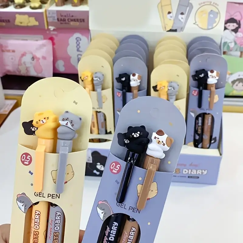 Cute Cat Gel Pens Set, Aesthetic Ink, Perfect Gift for Cat Lovers, Ideal Gift, Daily Office Use, Writing Tools, Stationery Supplies, Smooth Writing Pens, 2 Pieces Per Pack