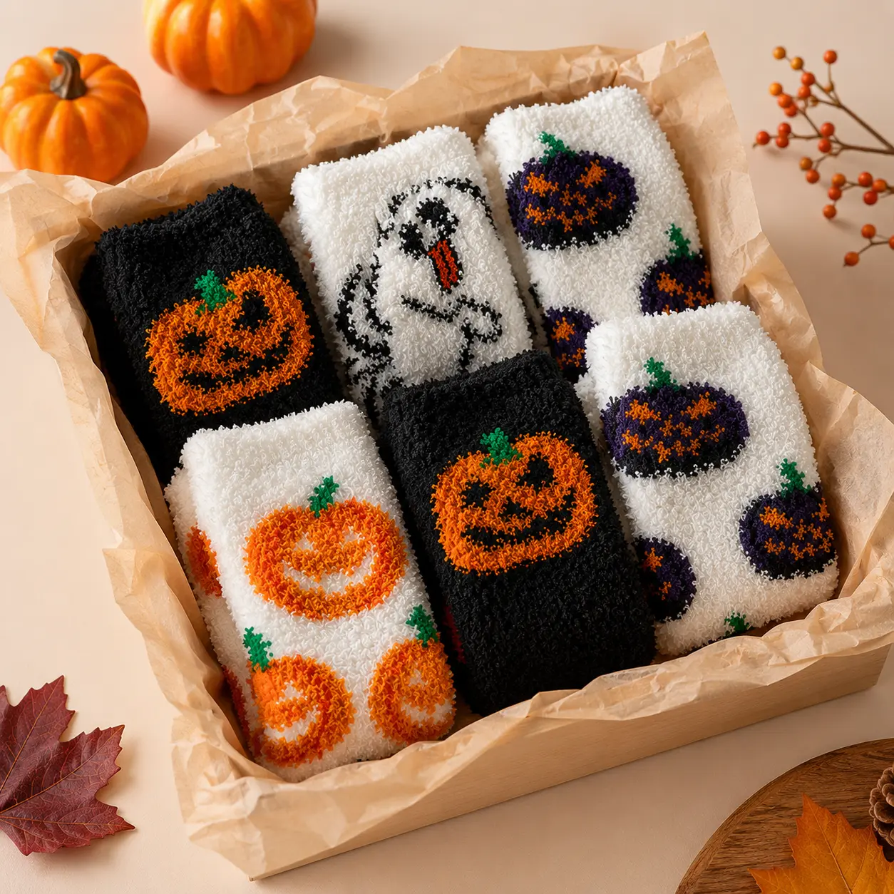 Halloween Fuzzy Socks, Cozy Ghost Pumpkin Coral Fleece Socks