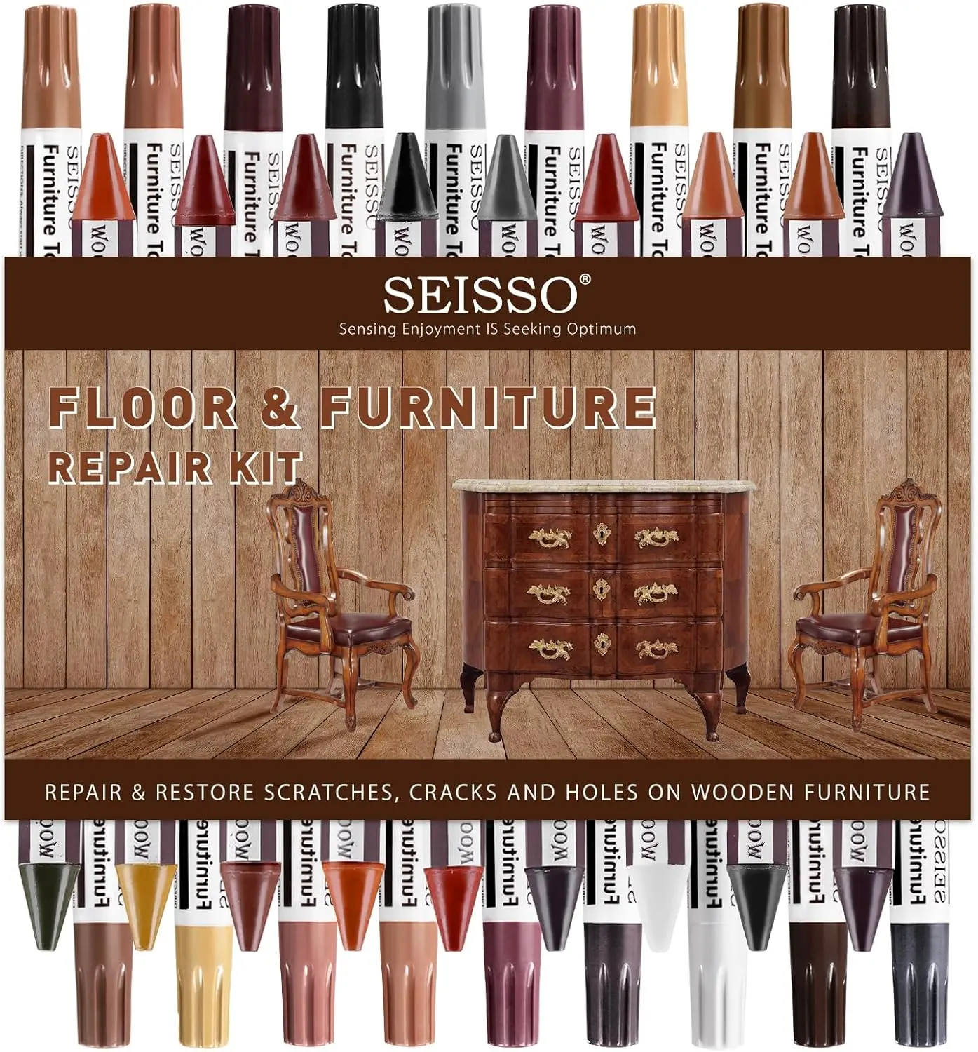 SEISSO Wood Filler Sticks ＆ Wood Markers Furniture Repair Kit - Set of 39 - Wood Floor Scratch Repair, Furniture Markers Touch Up Restore Wood Floors, Tables, Holes, Laminate