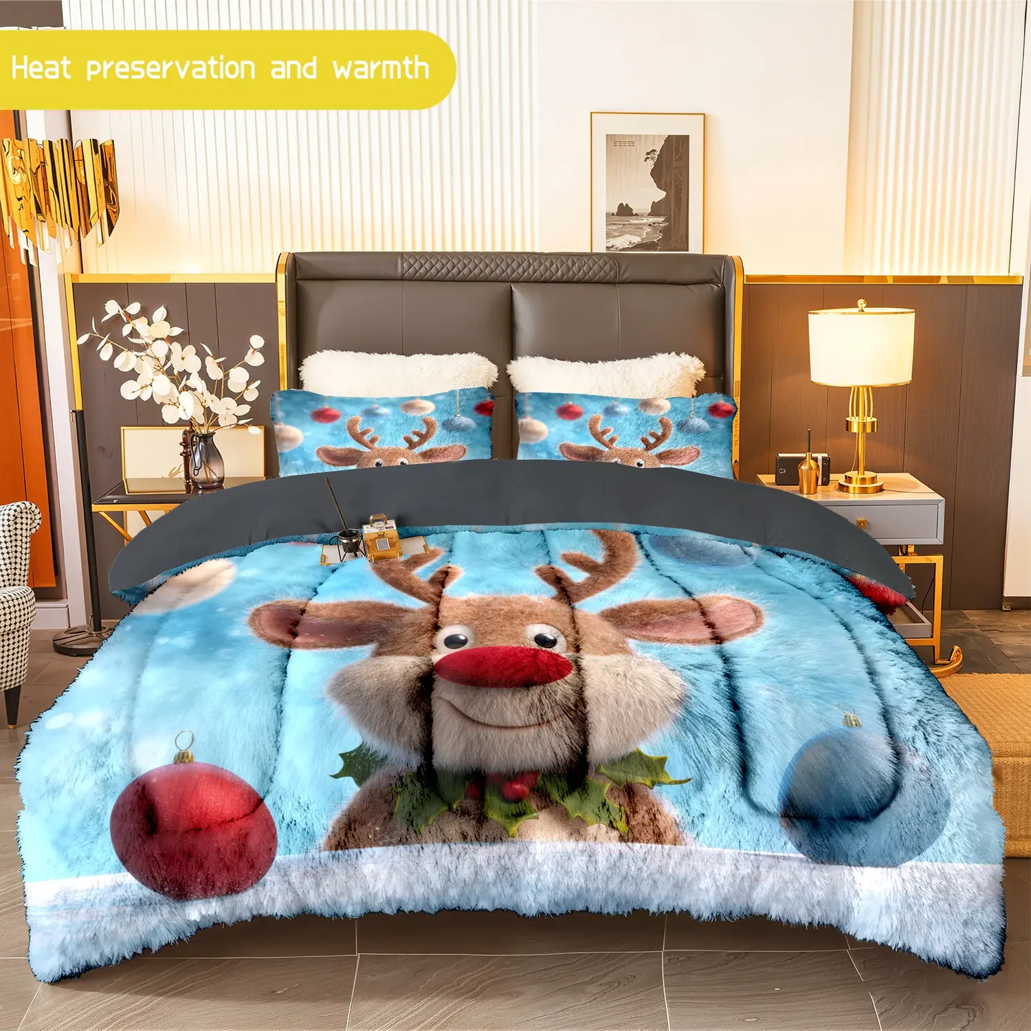 3pcs (1 comforter + 2 pillowcases) Reindeer - themed Flannel &  Comforter Set, Ultra - Soft Warm Bedding Set for Adults, Cozy Winter Bedding Essentials
