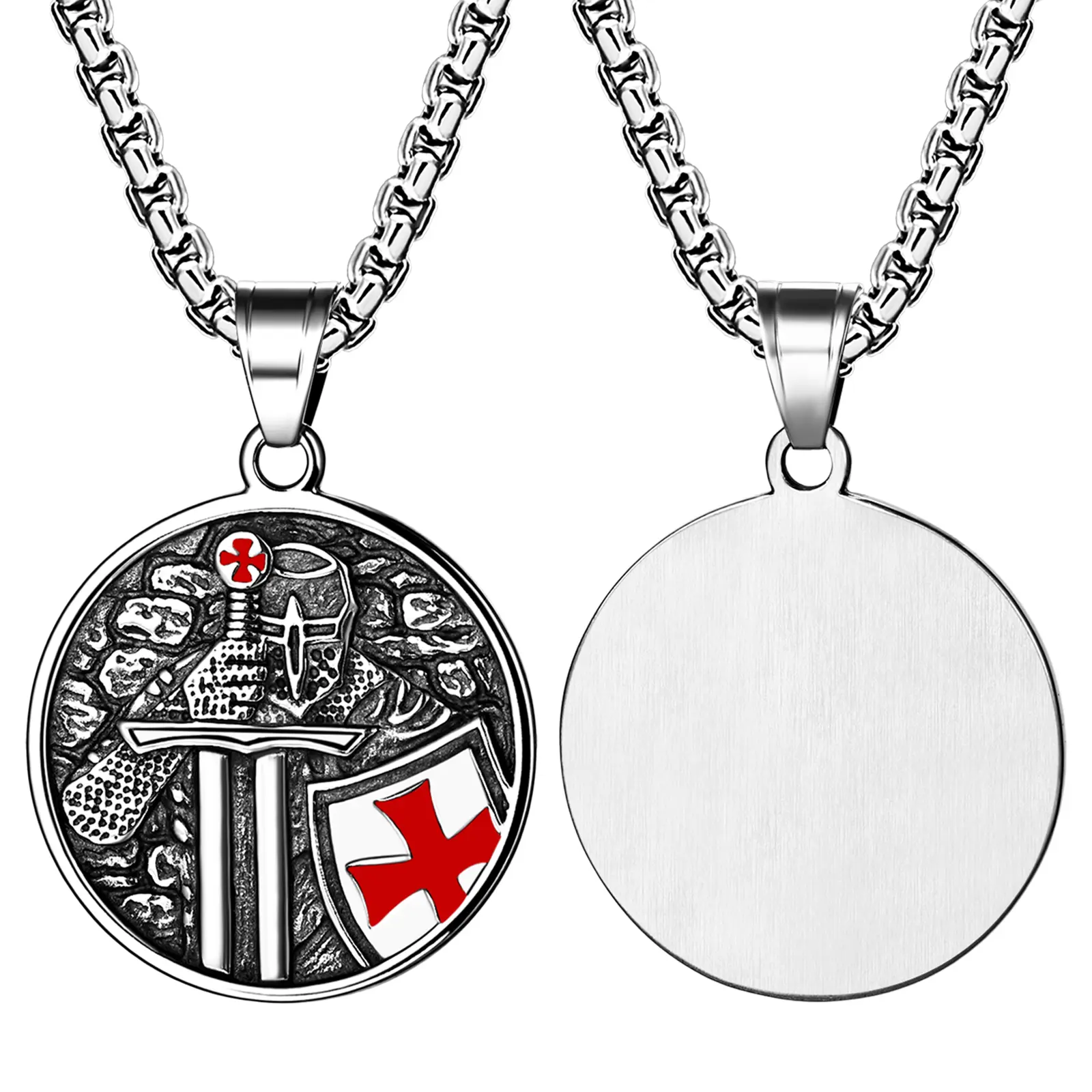 OIDEA Men's Stainless Steel Cross Charm Necklace - Engraved Knights Templar Cross Design Amulet, Armor of God Fine Polish Catholic Accessory, 1.38" (3.5cm) Diameter, 23.6" (60cm) Long Easy-to-Maintain Chain, Christmas Gift-Ready Religious Daily Wear