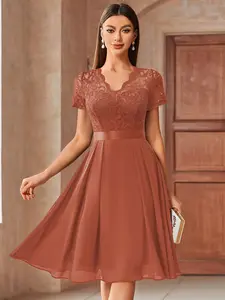 Miusol 53305 Women's Elegant Vintage Vneck Floral Lace Fitted Shortsleeve Contrast Chiffon Prom Party Formal Wear satin mermaid dress