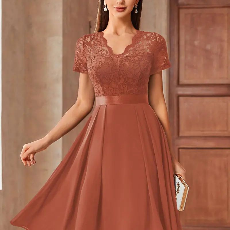 Miusol 53305 Women's Chic Short-Sleeve V-Neck Floral Lace Fitted Mermaid Gown - Contrast Chiffon Satin, Zipper-Closure Vintage Formal Wear for Prom, Wedding Guest | Womens Dresses, Elegant Dresses for Women