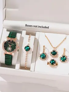 6-piece set of starry quartz watches, fashionable, light luxury, diamond inlaid women's watch, round pentagram leather watch set