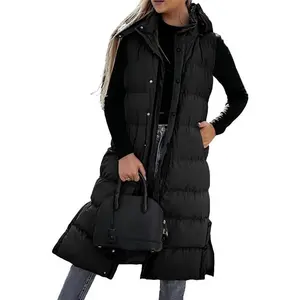?Women's long Quilted Vest hooded sleeveless Button Down puff vest cotton padded jacket winter coat