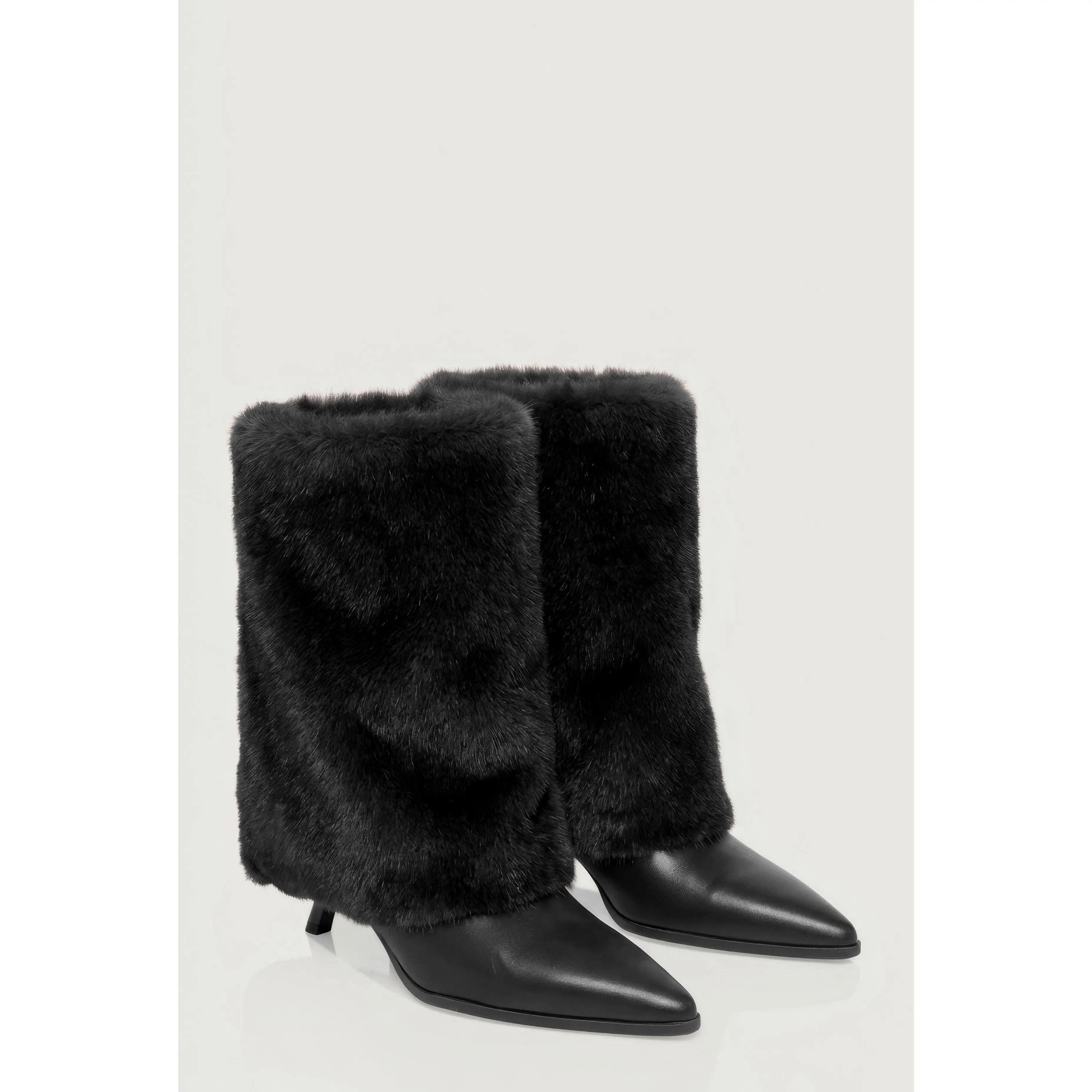 Faux Fur Pointed Toe Kitten Heel Booties
