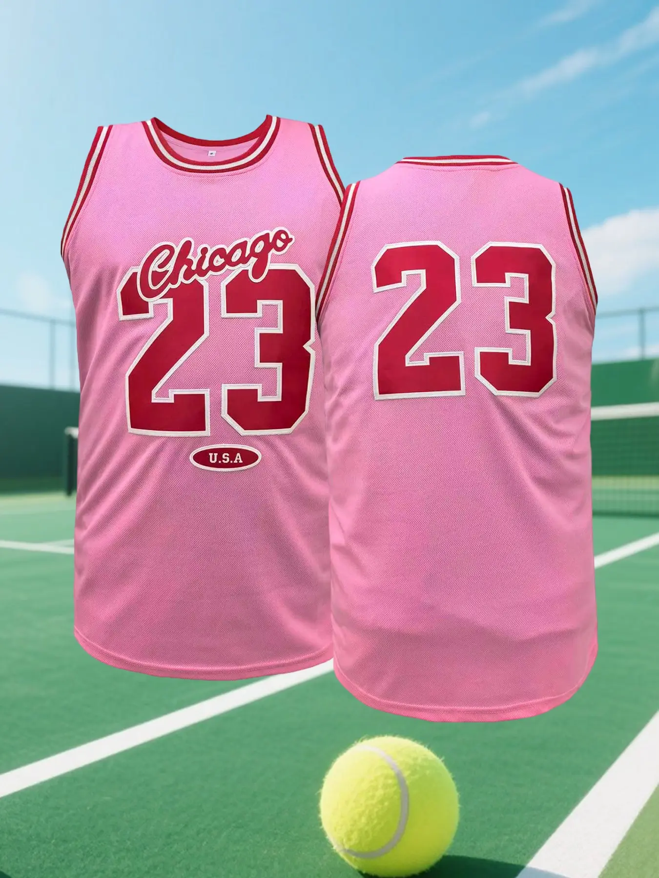 Chicago #23 Pink Embroidered Basketball Jersey Top, V Neck Loose Fit Breathable Vest, Suitable for Outdoor Sports & Casual Wear