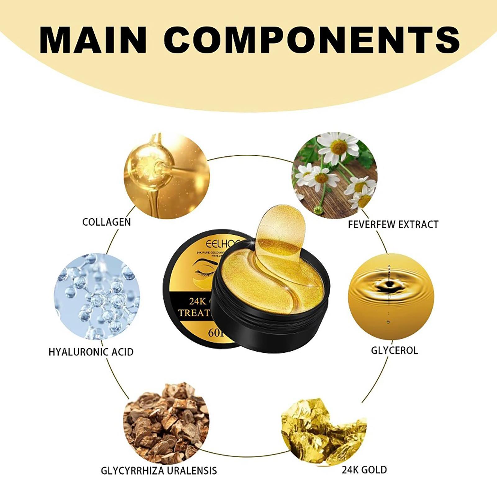 EELHOE 60PCS, 24K Gold Eye Patches for Puffy Eyes Treatment, Eye Masks for Dark Circles and Puffiness, Non-lrritating Eye Mask Skincare, Eyes Bags Treatment, Eye Gel Pads 24 k Hyaluronic Hyaluronic