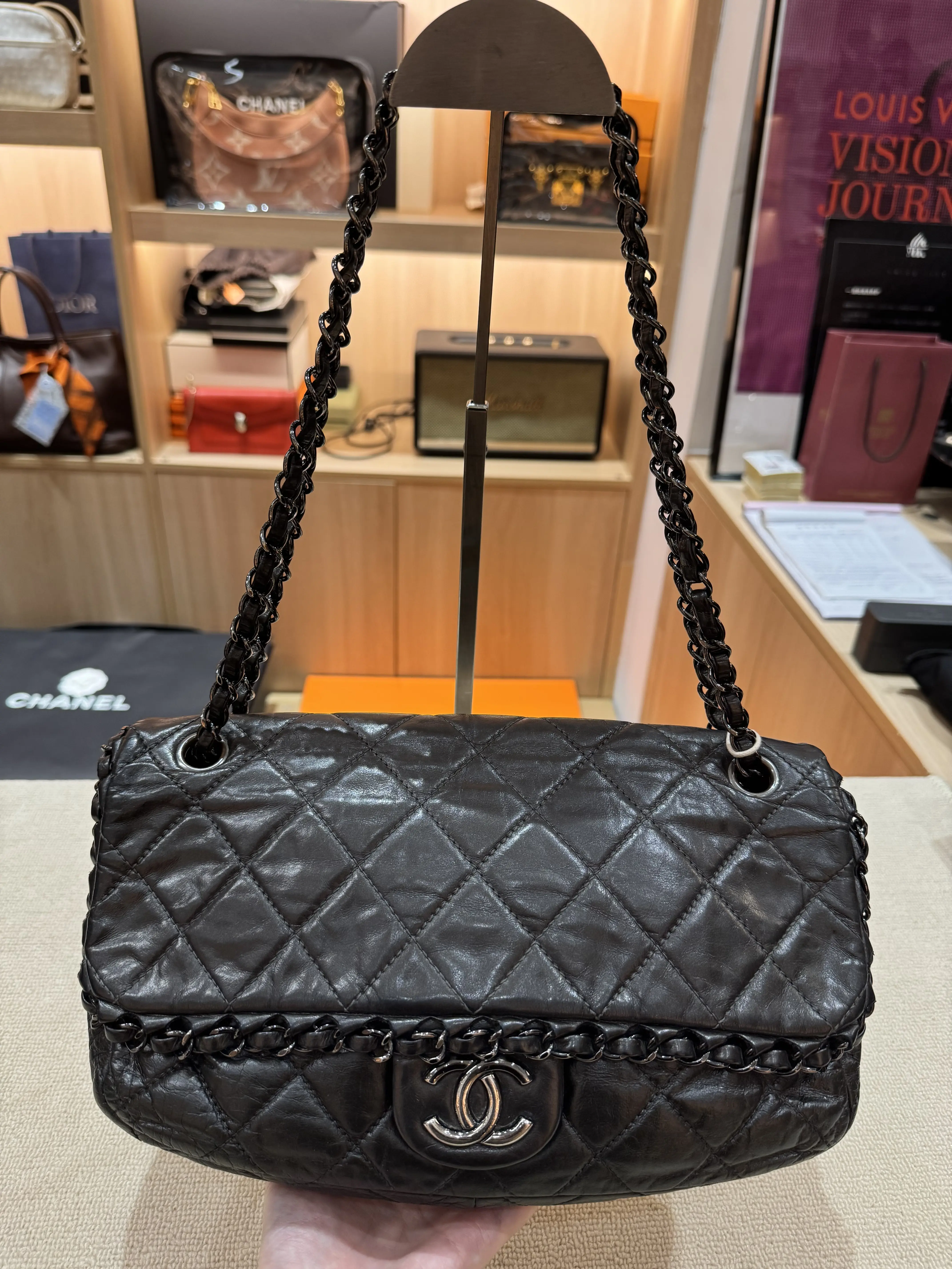 Pre-owned CHANEL Quilted Flap Bag Distressed Black and Silver HW