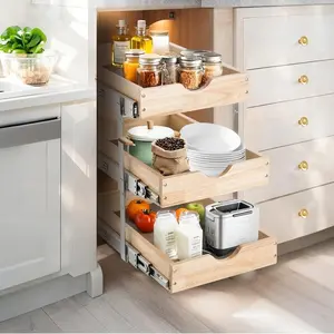 Pull Out Cabinet Organizer with Soft-Close Dampers 13.5" W x 21.7" D - 3 Tier Heavy-Duty Slide Out Drawers for Base Cabinets, Adjustable Height, Rear Stabilizer, Kitchen Bathroom Organization
