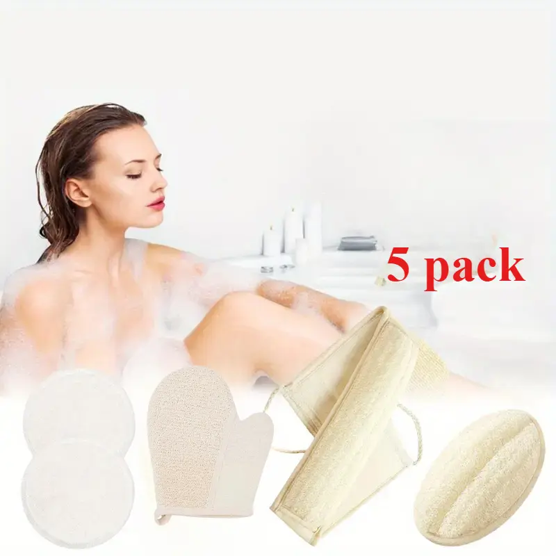 5-Pack Natural Fibers Silk-Cotton Bathroom Back Cleaning Kit - Body Scrubber, Exfoliating Gloves, Bath Sponge, Loofah Wipe, Rubbing Strip, Towel, Elastic Bands - Hanging Household Tool for Dead Skin Removal, Skin Renewal, Shower Gift