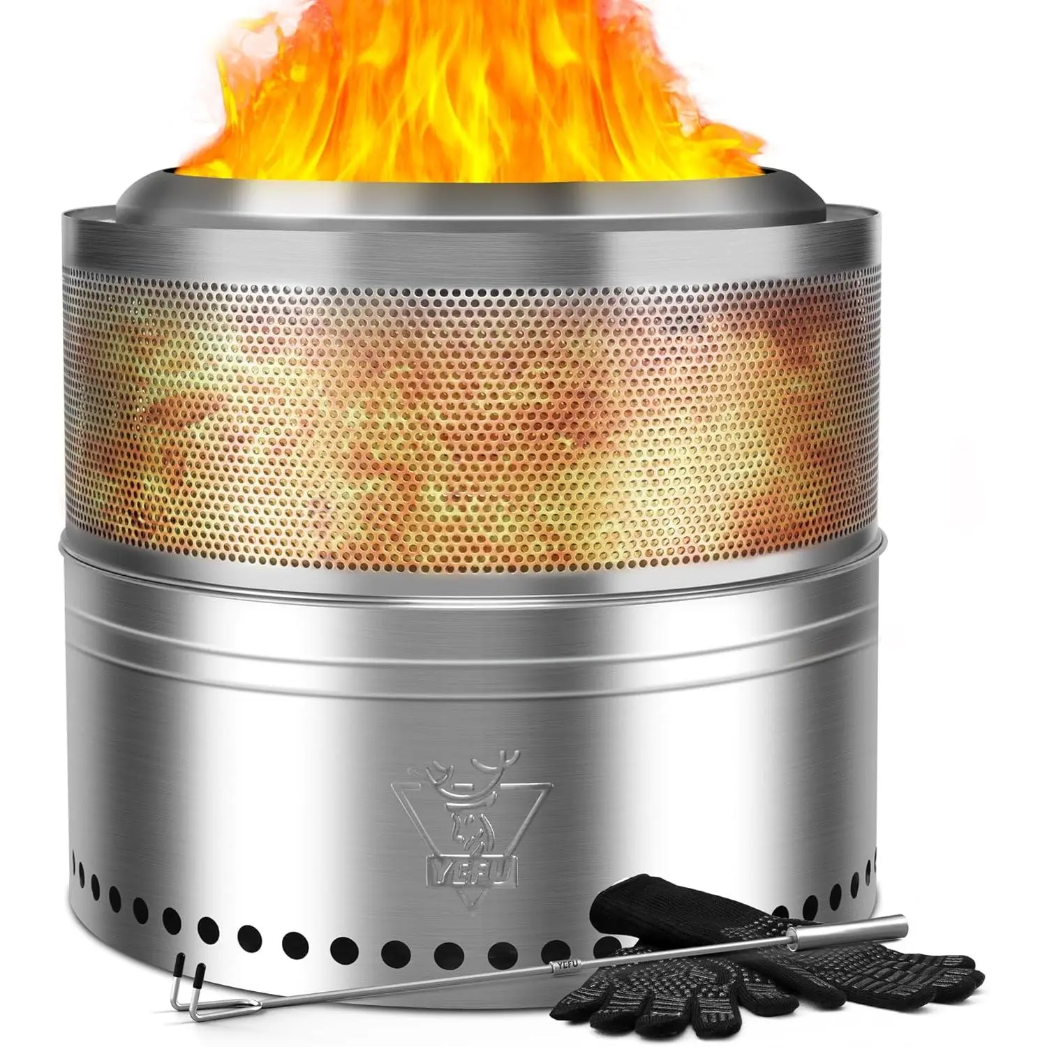 Folding Smokeless Fire Pit, Wood Burning Stainless Steel Portable Outdoor Fireplace with Removable Ash Stand, Heat Resistant Gloves and Fire Poker, Low Smoke Bonfire Firepit for Outside Camping and Backyard Warmth