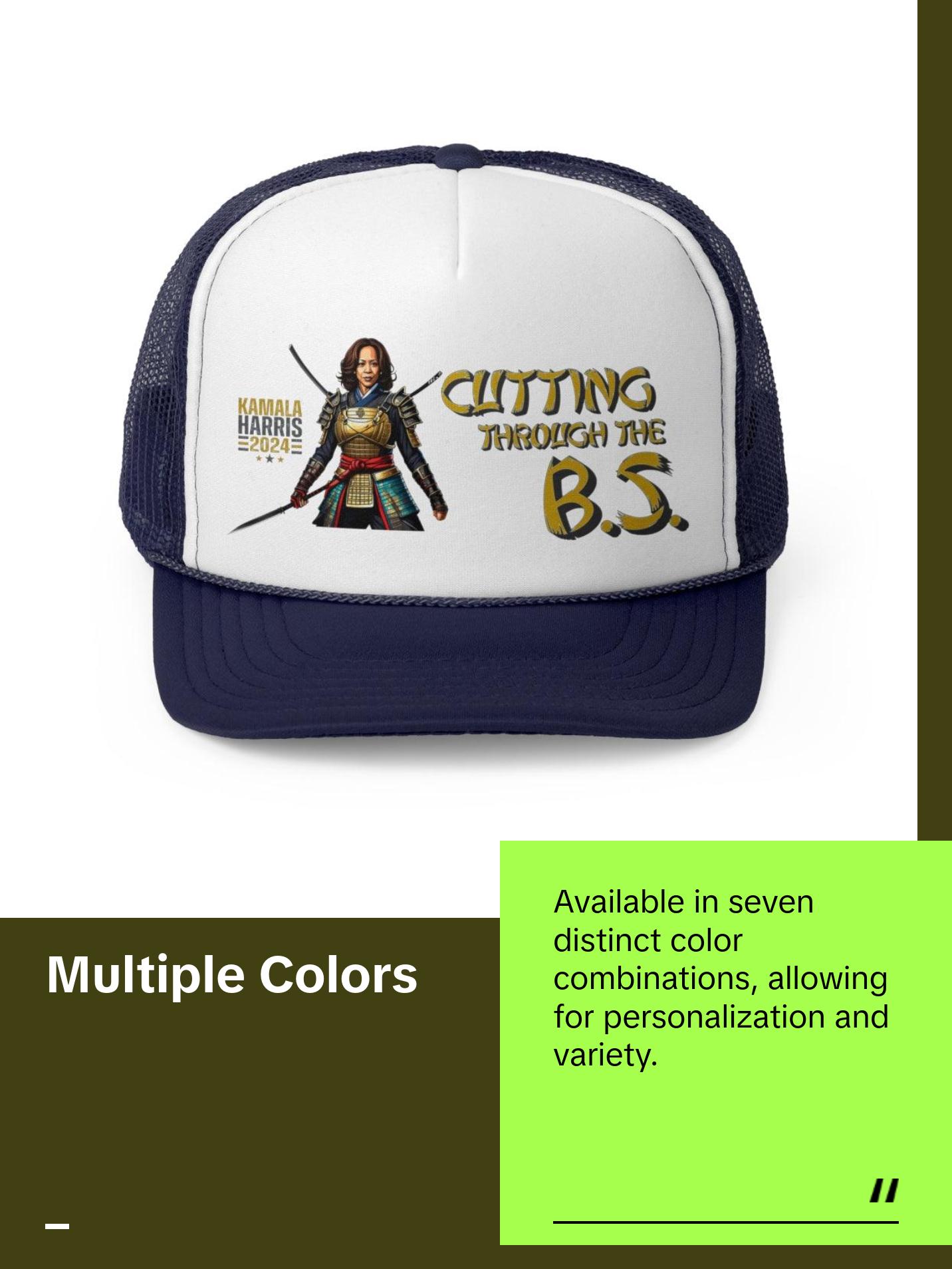 Kamala Harris "Cutting Through the B.S." Samurai Trucker Hat - Bold Political Statement Cap