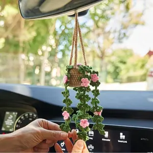 Cute Crochet Car Rearview Mirror Hanging Ornament, Handmade Car Rearview Mirror Hanging Decoration, Car Interior Decoration Accessories for Women, Car Interior Accessory