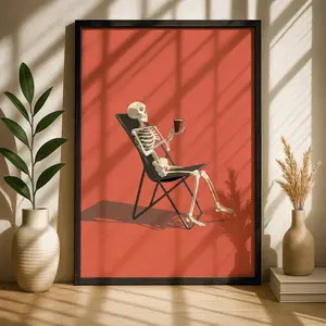 Funny Skeleton Coffee Art Print: Quirky Minimalist Wall Decor