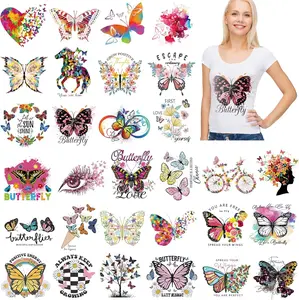 30 count Butterfly Transfers Iron on Patches Colorful Rainbow Iron on Stickers Flower Heat Transfer Stickers Decals DIY T-Shirt Jeans Backpacks Clothing Hat Decoration
