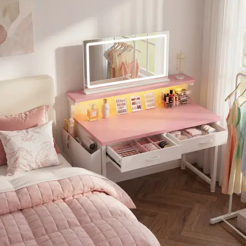 【Vanity & Office Desk】31.5'' Gaming Desk with LED Lights in Dorm & Tiny home,Computer desk with 2 Storage Drawers,Home Office Desk with Side Pocket & Ergonomic Monitor Stand,Writing Table with Anti-Tip Design, gift for Women and Teens,women bedroom decor