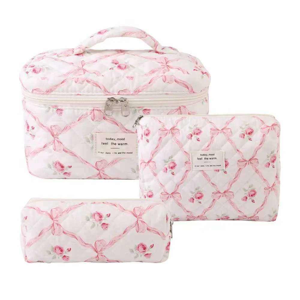 Gosect 3-Piece French Country Style Quilted Floral Makeup Bags Set - Premium Cotton + Diamond Quilting Filling, Large Tote, Medium Pouch, Pencil Pouch, Back to School Shopping Gift for Teen Girls, Sweet Details