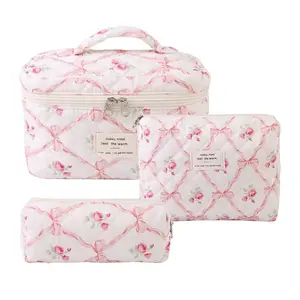 Quilted Floral Makeup Bag 3-Piece Set - Soft Cotton Fabric with Diamond Quilting, Large Tote, Medium Flat, & Small Pencil Case for Travel & Everyday Use