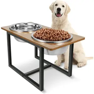 Elevated Dog Bowls for Large Dogs, Raised Dog Bowl Stand with Two X-Large Stainless Steel Bowls, 3.5L Capacity, Rustic Walnut