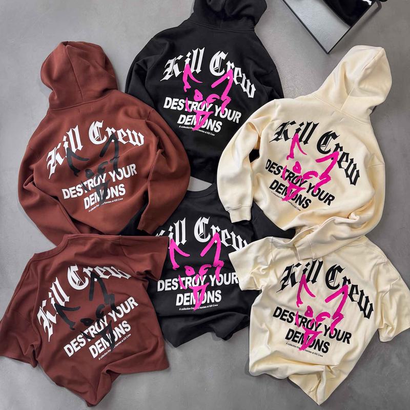 Kill Crew Destroy Your Demons Oversized Lux Hoodies, Relaxed Fit Natural Cotton TShirts, and Cutoffs