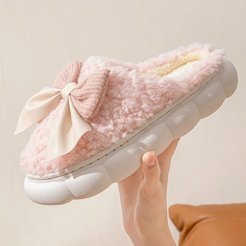 Women's Comfortable Winter Slippers With Bow - Plush Lining, Non-Slip Thick Sole Indoor Shoes, Warm & Cozy Ladies Slippers
