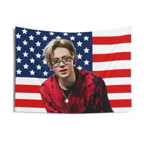 1 piece of Heeseung red shirt with the American flag, Enha concert banner, Enha Kpop flag, Enha Desire Unleash, Enha Walk The Line world tour, fan merchandise, concert decoration room tapestry