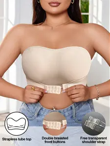 Plus Size Women's Plain Front Buckle Bra, Detachable Adjustable Straps, Free Transparent Shoulder Strap, Push-Up Underwire, Comfortable Fit, All-Season Wear, Casual Style
