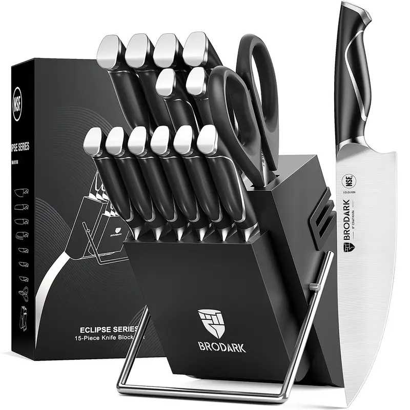 Interstellar Future 15Pcs Knife Set | NSF Certified | Block w/ Built-in Sharpener | Full Tang, Edge Retention, Food Grade Home Kitchen