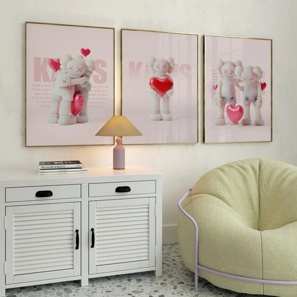 White Kaws Figurines & Hearts Valentine's Day Poster Set of 3, Hyper gift idea, Romantic Room Decor