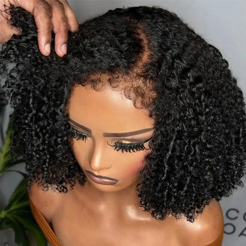 Short Bob Kinky Curly Human Hair Frontal Wig 4C Edges  Closure
