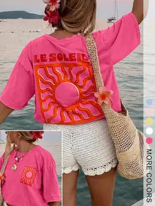 Boho Style Rose Loose Fit Sun Print T-Shirt, Women's Summer Beach & Pool Party Wear, Short Sleeve Graphic Tee