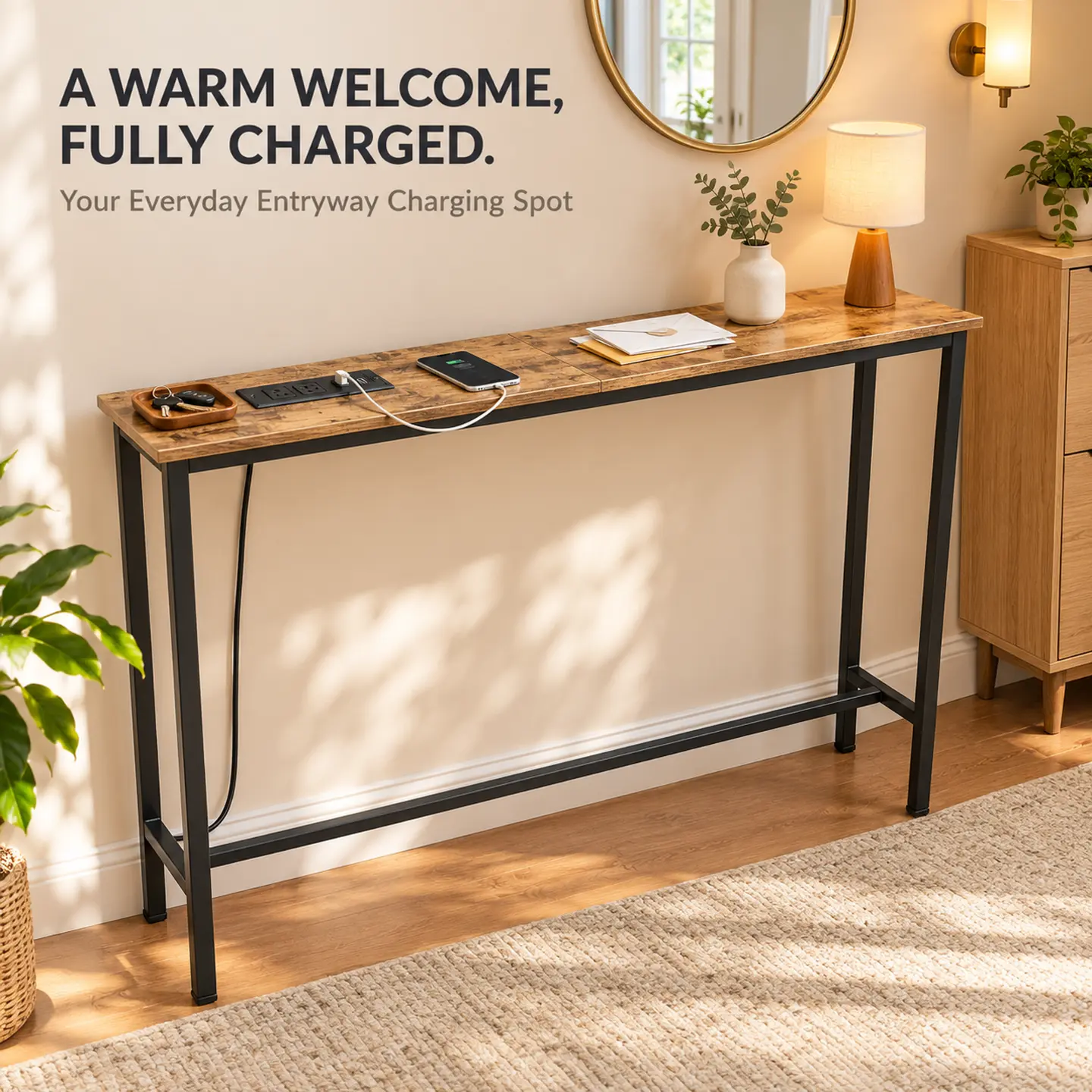 Retro Narrow Console Table with Built-in Outlets Space-saving Design Brown Finish