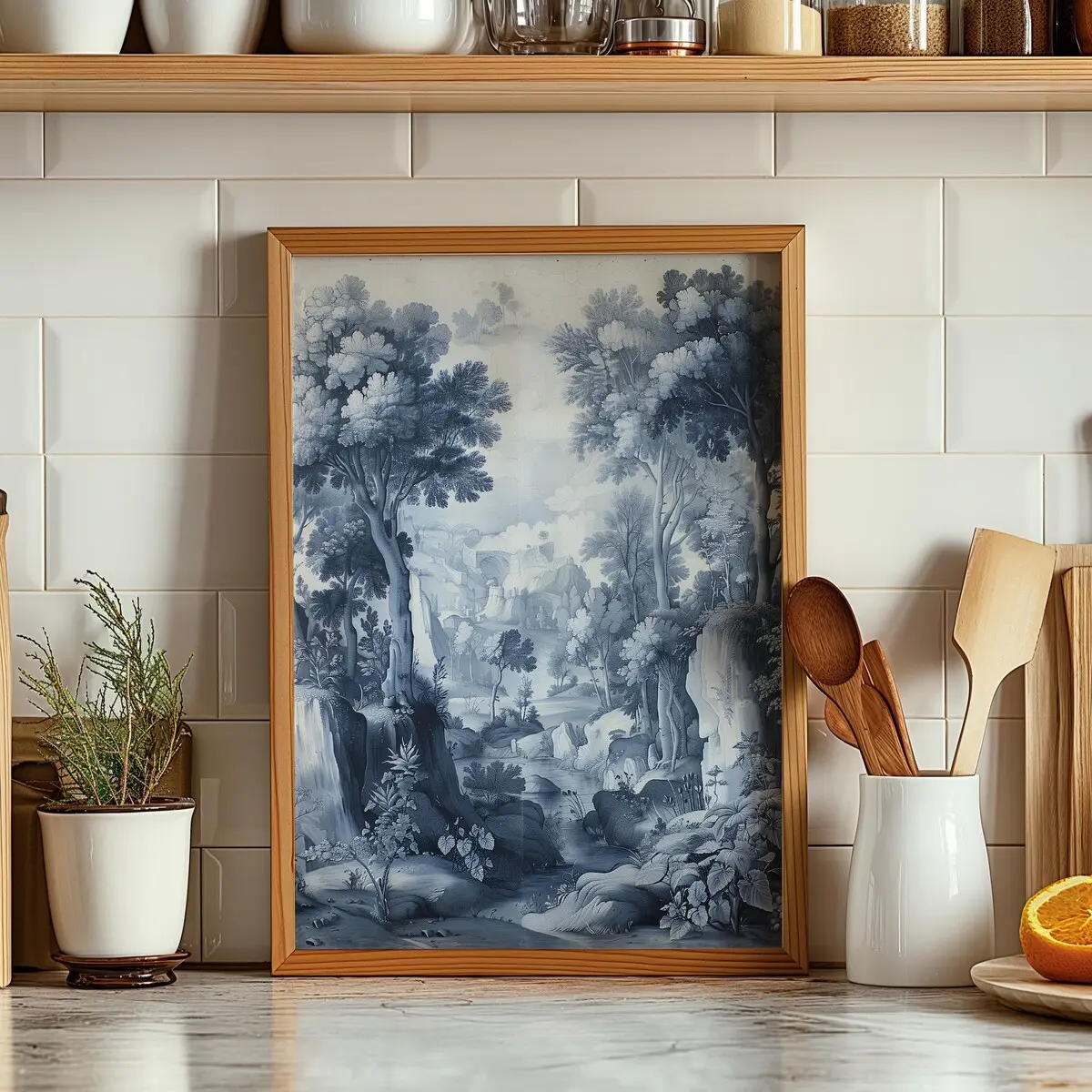 Vintage Blue Chinoiserie Wall Art – Antique Landscape Print, Classic Room Decor, Unframed, 5 size, 8x12 to 27x40 inch