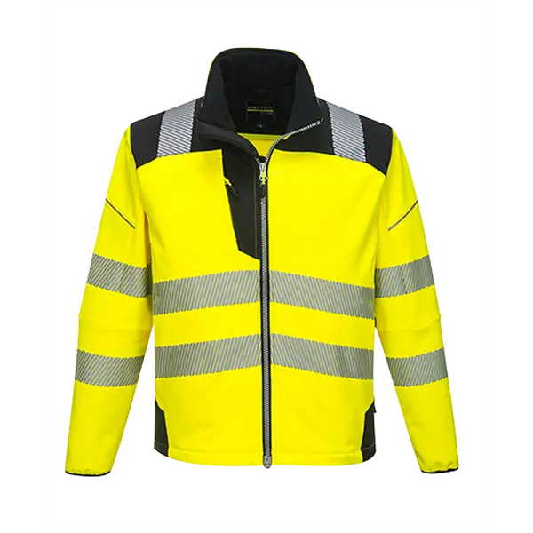 Portwest T402YBRXL Vision Hi-Vis Softshell Jacket - Extra Large, Zipper Closure, Water Resistant, 3-Layer Breathable Fabric, 4 Pockets, Added Protection