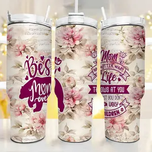 Sparkly Mama Bear 40oz Tumbler with Handle, Aesthetic Pink Rose Floral 40oz Insulated Cup, Glitter Rose Gold Mama Travel Mug, Reusable Stainless Steel Coffee Tumbler for Moms, Double Wall Vacuum Insulated Water Bottle with Straw