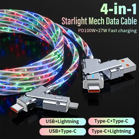 100W Power 4-In-1 Aluminum Alloy Fast Charger Cable - USB A, C-Type Cables, Lightning Connectors - EU Type Plug for iPhone/iPad, Samsung Galaxy, Google Pixel