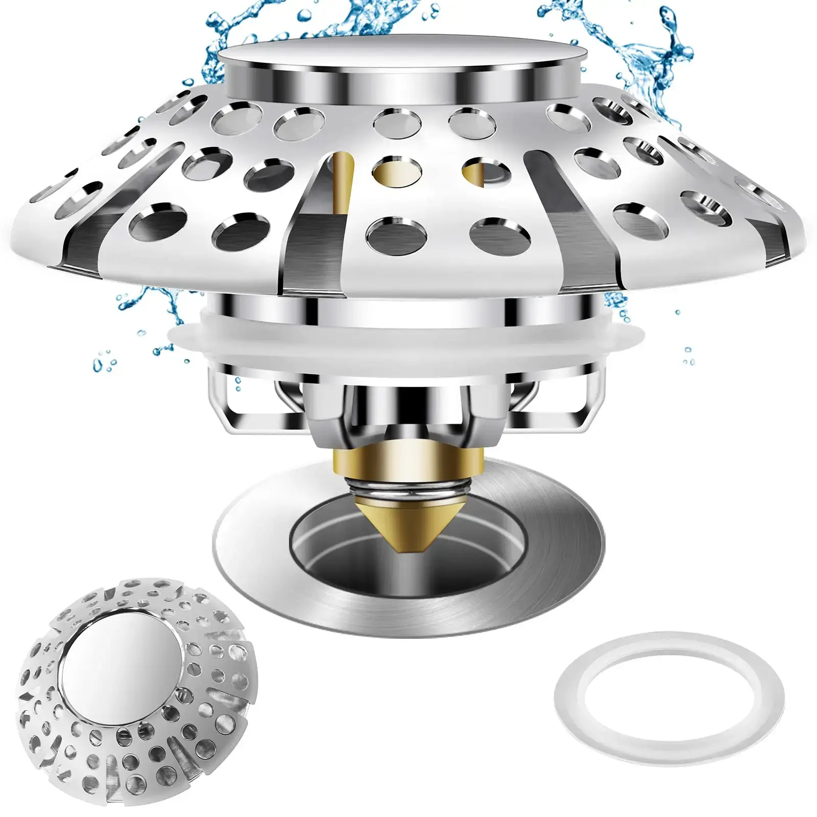 2 in 1 Bathtub Drain Stopper, 1/2pcs Pop-Up Tub Stopper with Effective Filter Basket, Anti-clogging Bathtub Drain Plug, Anti Clogging Drainage, Bathroom Supplies, Bathroom Essentials Accessories, Bathtub Drain Cover
