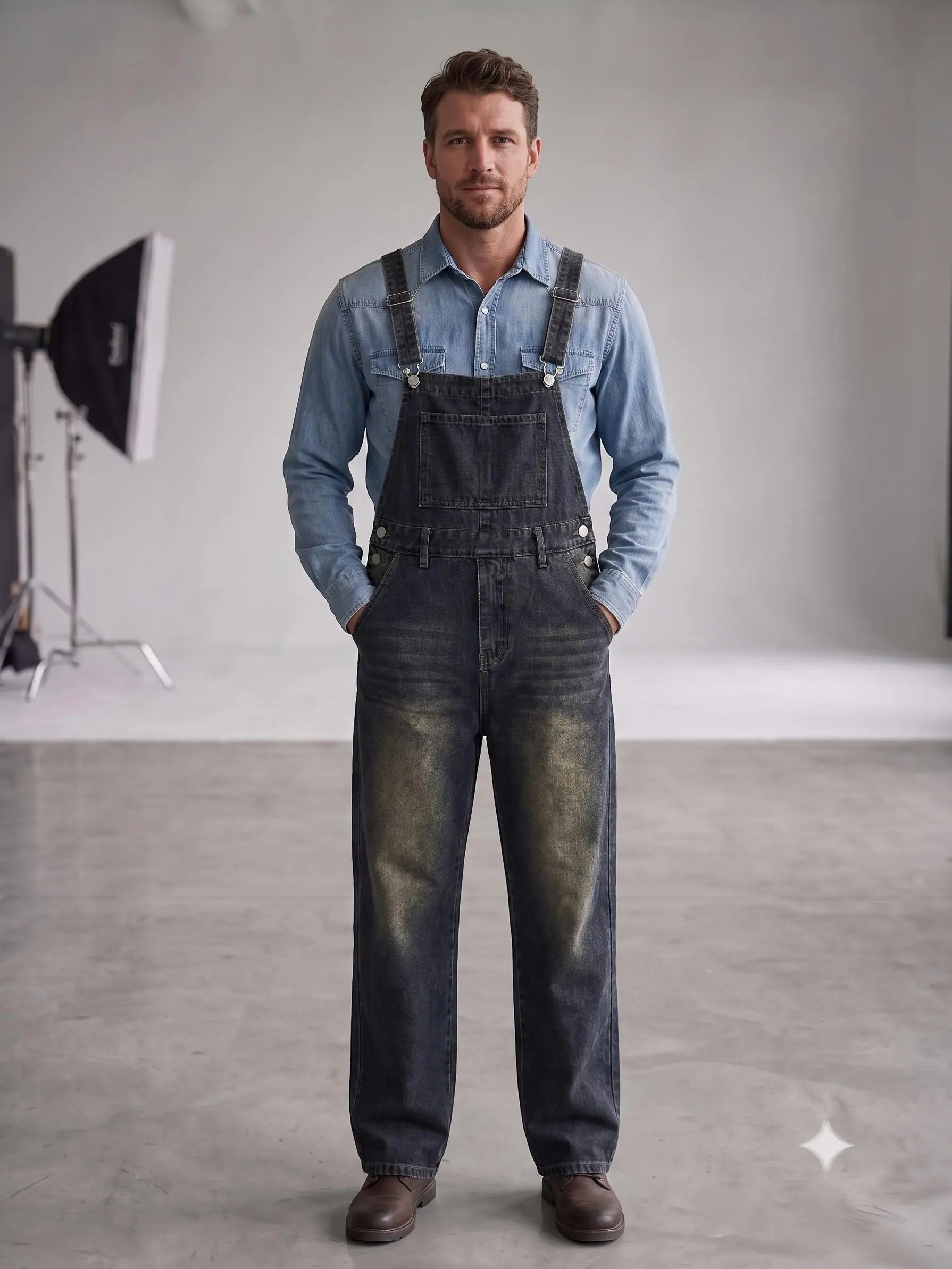 Men's Retro Washed Plain Denim Bib Overalls - Menswear Everyday Overalls, Baggy Distressed Loose-Fit Workwear Jumpsuit with Pockets, All-Seasons Below-Ankle Coveralls for Outdoor Work Streetwear