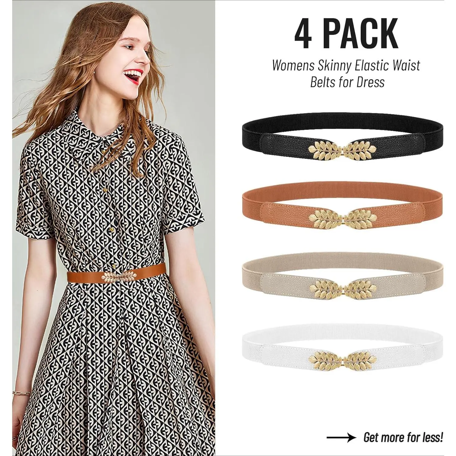 4 Pack Women Skinny Elastic Belt Set,Fashion Leaf Alloy Buckle Stretchy Thin Waist Belt for Dresses,Christmas Party Gifts,Hand Tools Kits