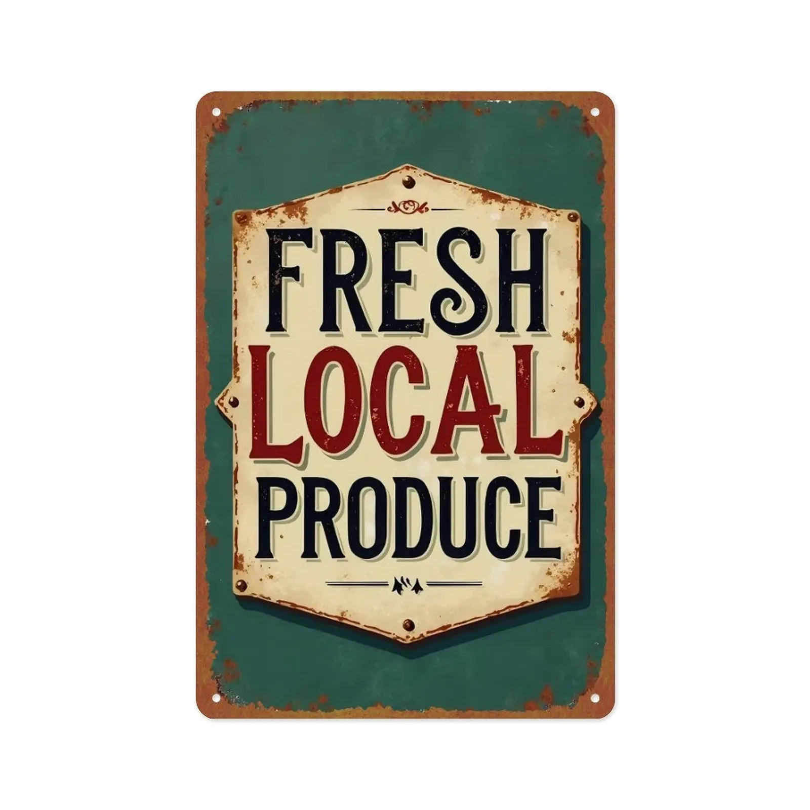 8x12 in Metal Rectangular Plaque Sign - "Fresh Local Produce" Retro Home Decor Accessories, Rustic Farmhouse Flat Wall Decor for Pantry, Kitchen (Rustic Green & Cream)