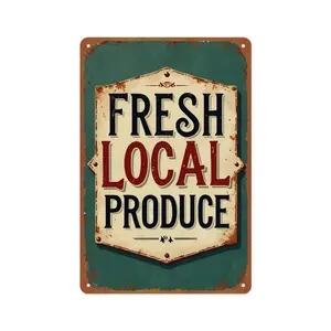 Vintage "Fresh Local Produce" Metal Tin Sign - Retro Farmhouse Kitchen Wall Decor - Rustic Green & Cream Market Sign for Farm, Cafe, Pantry 8x12 Inch
