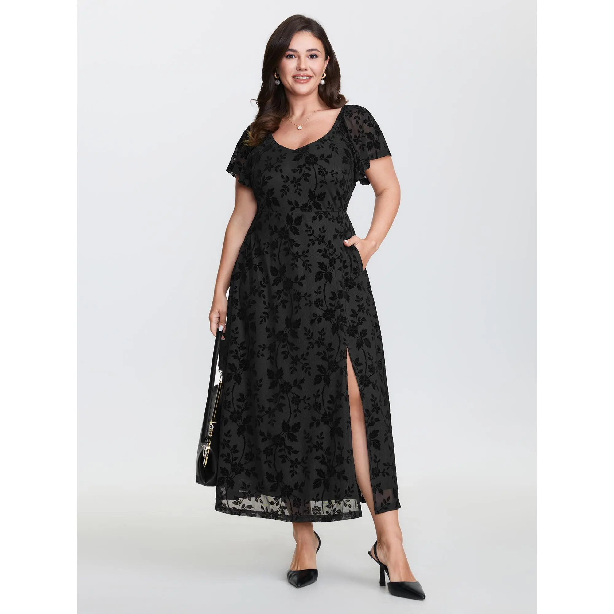 BloomChic Women's Plus Size Formal Botanical Jacquard Maxi Dress, V-Neck Cap Sleeve Design with Spandex, Slit Hem, and Side Pocket,Summerfinds